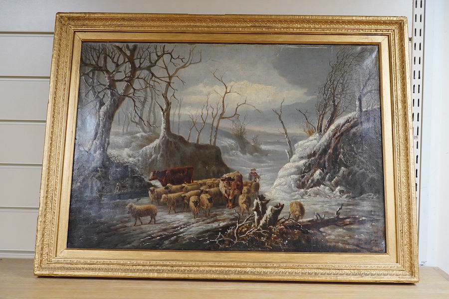 Victorian School, oil on canvas, Winter landscape with sheep and cows, 45 x 65cm. Condition - fair